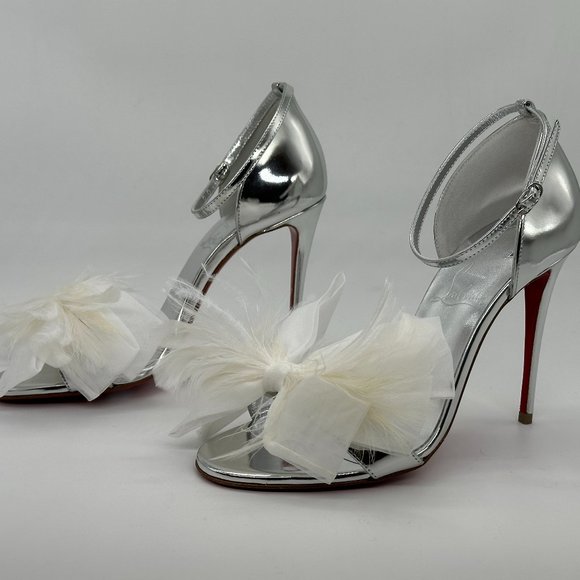 Christian Louboutin ANEMONA 100 Feather Bow Metallic Sandals Heels Shoes - Picture 12 of 16